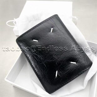 Endless Abyss 21ss油蜡牛皮四角缝线钱包竖款经典对折卡包零钱包