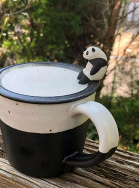 山口tomo粉引工艺可爱熊猫陶瓷咖啡马克水杯送礼