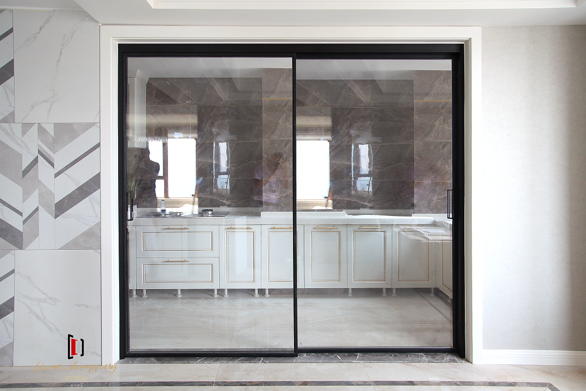 瓷泳灰极窄边框吊轨移门黑色推拉门阳台客厅厨房衣帽间油砂玻璃门