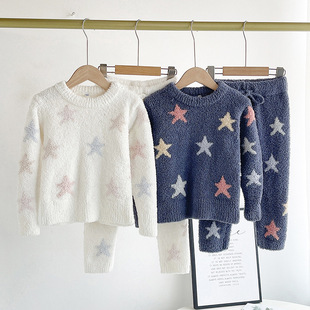 亲子装 大中小童秋冬软绵绵半边绒五角星保暖儿童睡衣裤 家居服套装
