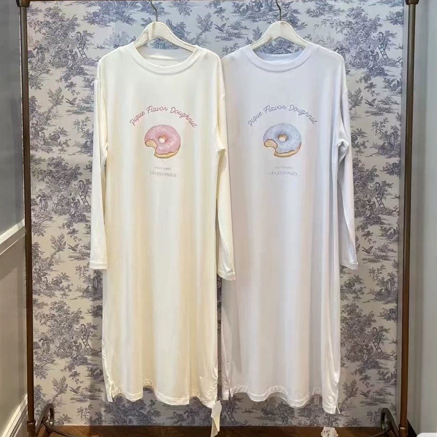 秋季新款冰淇淋莫代尔柔软可爱甜甜圈印花圆领长袖女家居服连衣裙