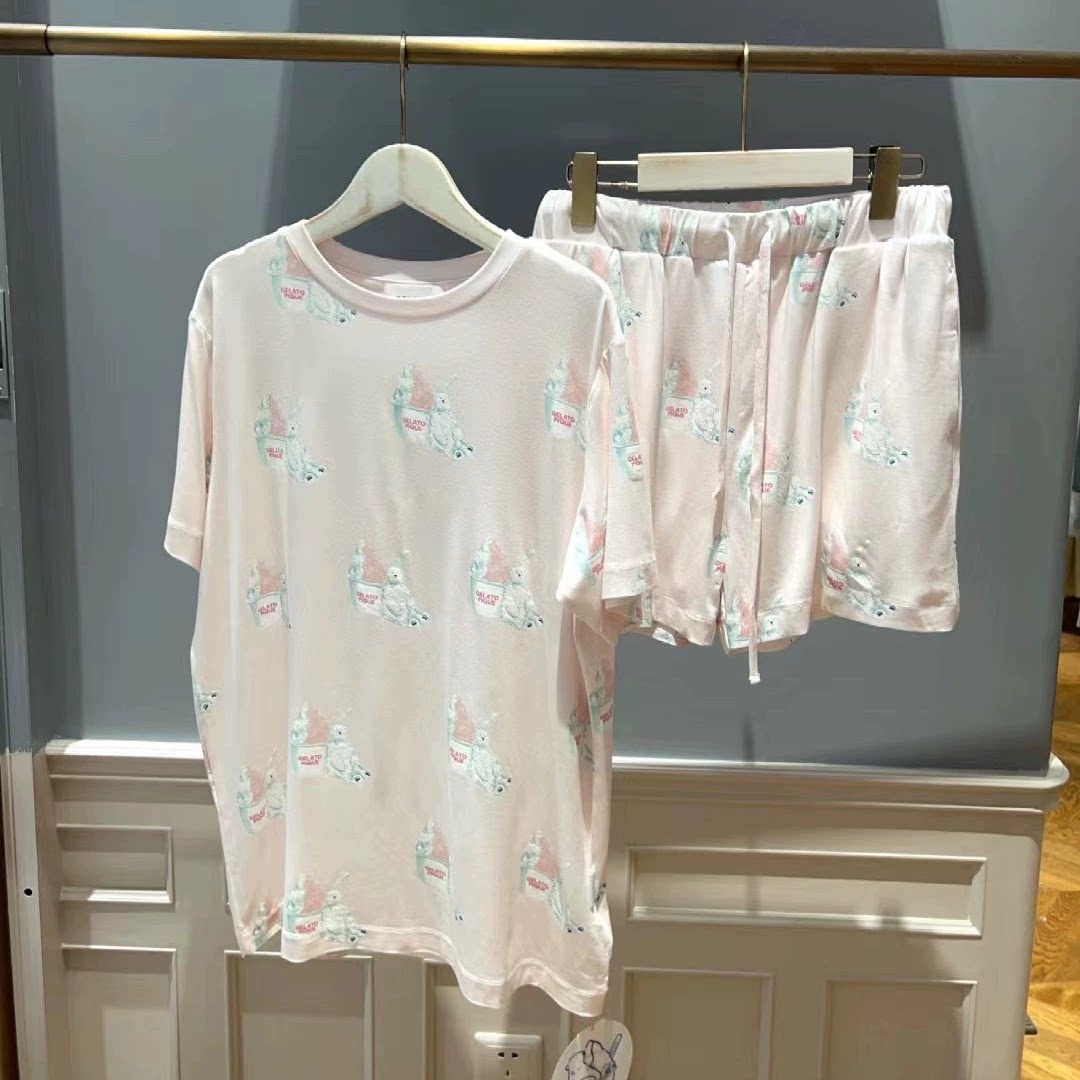 夏季新款睡衣女士北极熊印花套头短袖短裤情侣家居服短裤套装