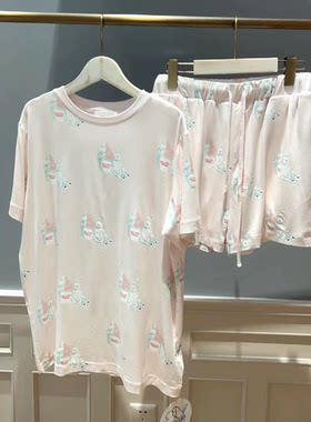夏季新款睡衣女士北极熊印花套头短袖短裤情侣家居服短裤套装