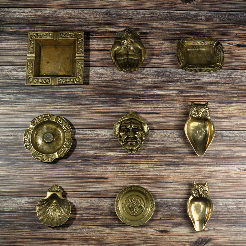 vintage客厅办公室古董黄铜高档烟灰缸金属雪茄软装ins风欧式西洋