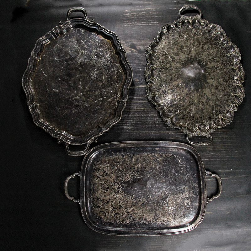 VINTAGE欧法式古董复古纯黄铜镀银西洋果托盘子摆件家居装饰摄影