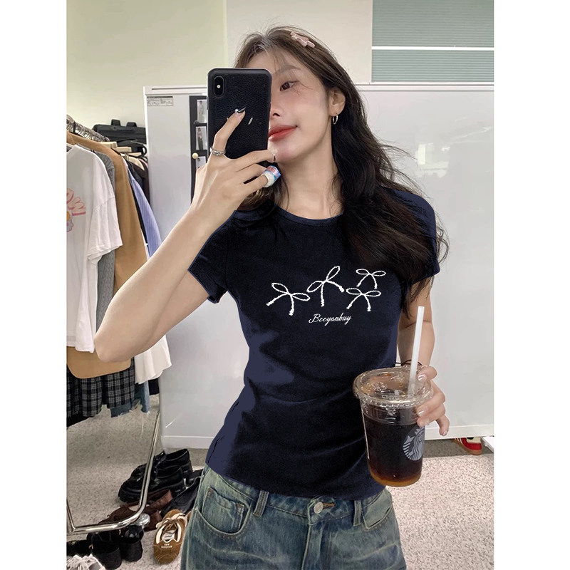 韩系气质修身蝴蝶结印花正肩短袖T恤女夏季ins潮别致漂亮辣妹上衣