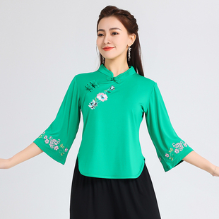 广场舞服装舞蹈服上衣中袖中国风新中式刺绣喇叭袖上衣古典舞蹈衣