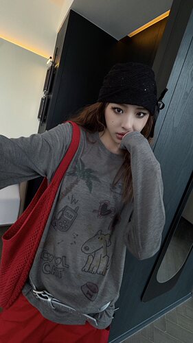 前颜2435款夏季2026新款女装韩系少女印花长袖T恤女微透防晒罩衫
