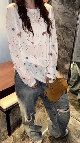 前颜2402款 夏季新款女装韩系少女印花长袖T恤女微透防晒罩衫小衫
