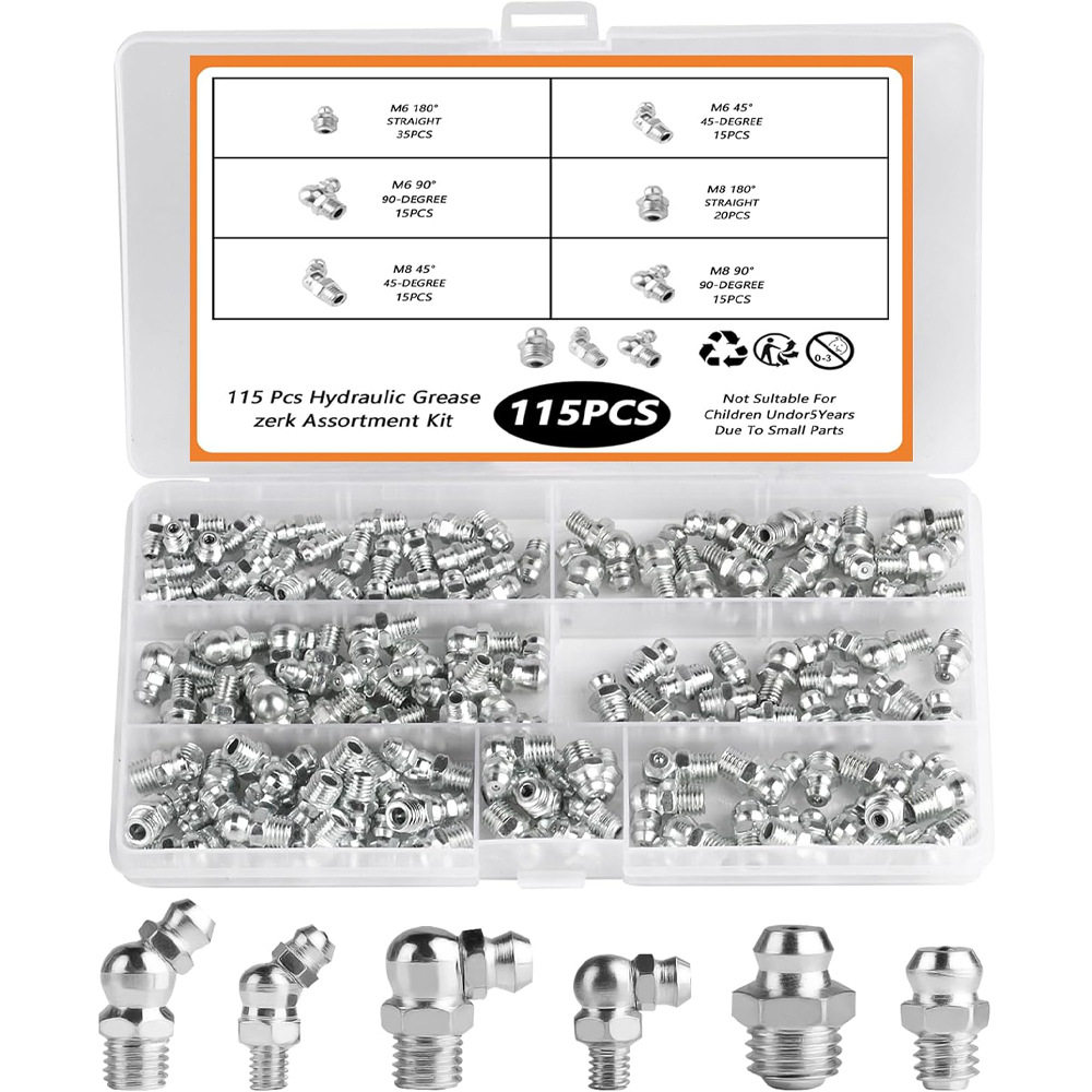 60pcs-115pcs黄油嘴套装黄油枪配件直弯黄油嘴镀镍油嘴M6M8M10