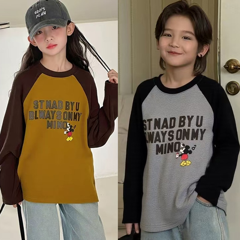 儿童秋冬打底衫2025新款韩版拼色男童女童T恤双面绒上衣潮120-180