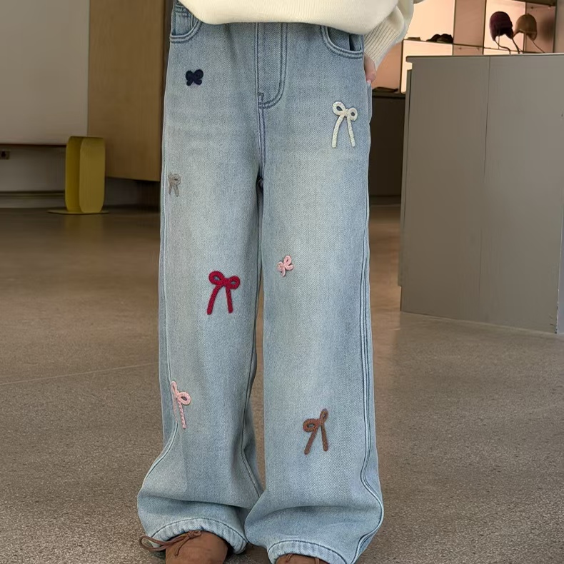 品牌女童加绒牛仔裤2025秋冬新款女孩洋气蝴蝶结加厚直筒裤休闲裤