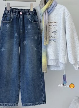女童加绒牛仔裤2026秋冬季新款女孩洋气百搭加厚直筒裤130-160