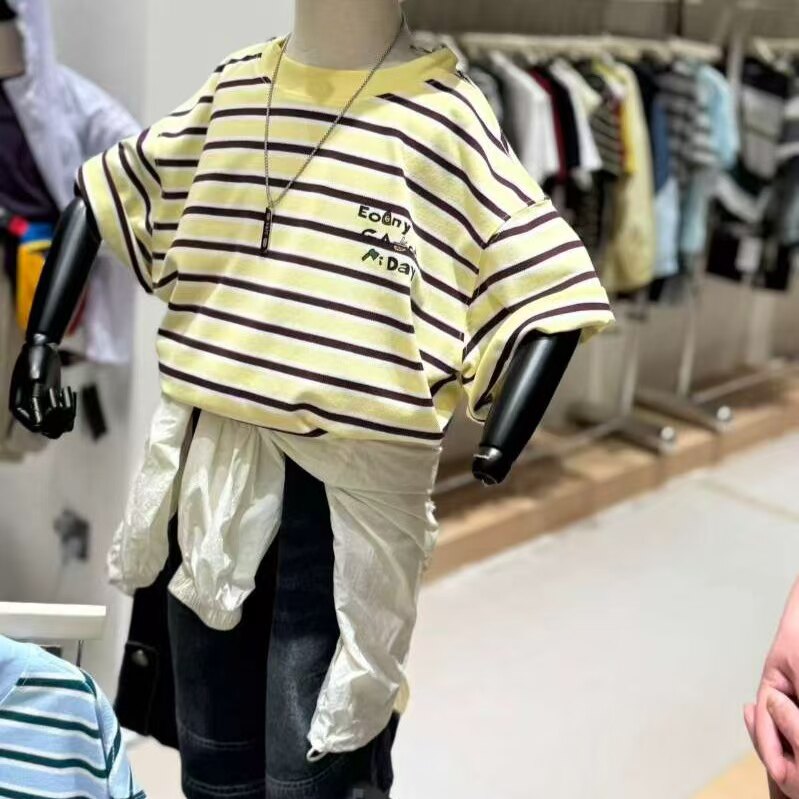 品牌男童短袖2026夏季新款男孩洋气条纹半袖圆领T恤上衣潮120-160