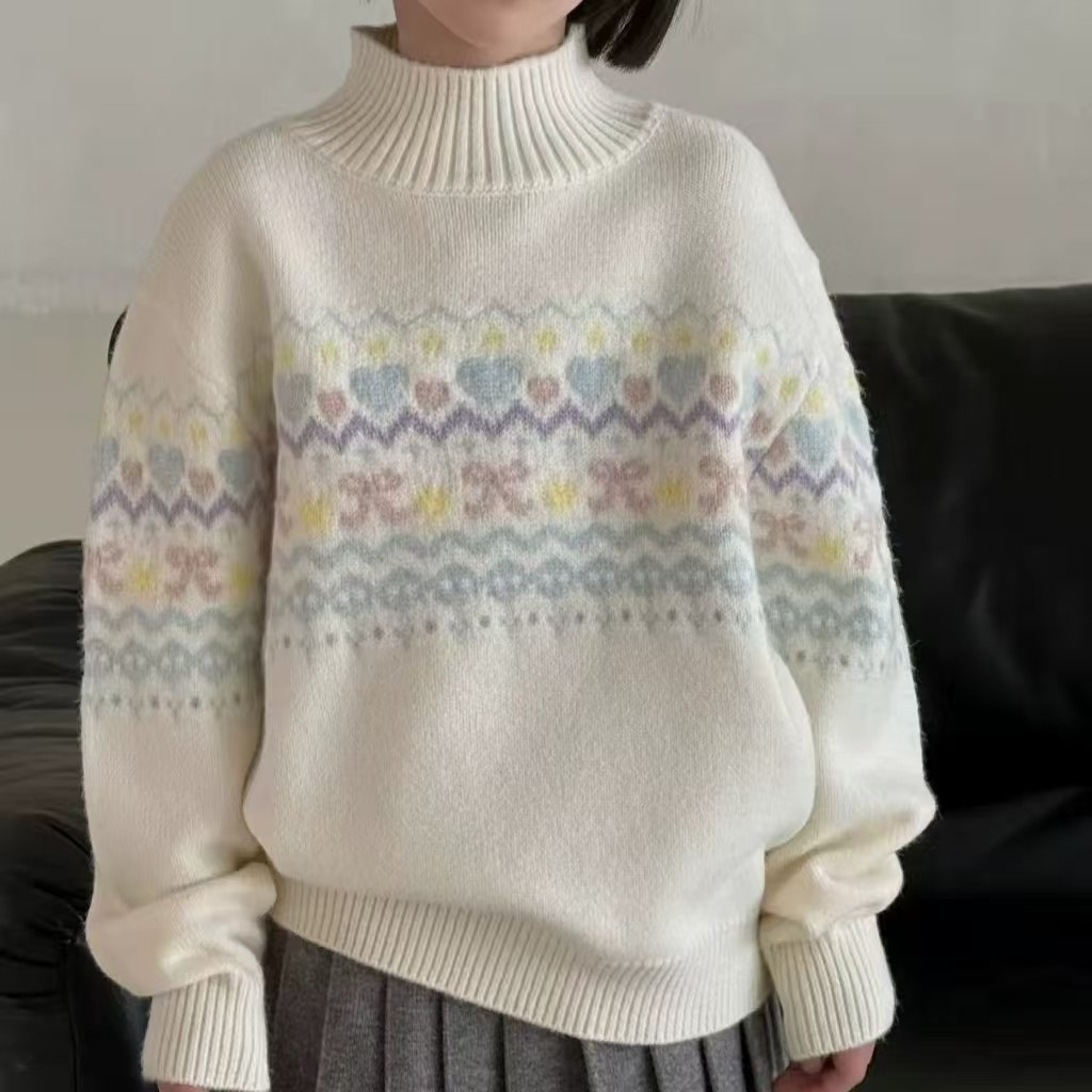 女童毛衣2025秋冬季新款爱心针织衫女孩洋气高领毛衣打底120-170