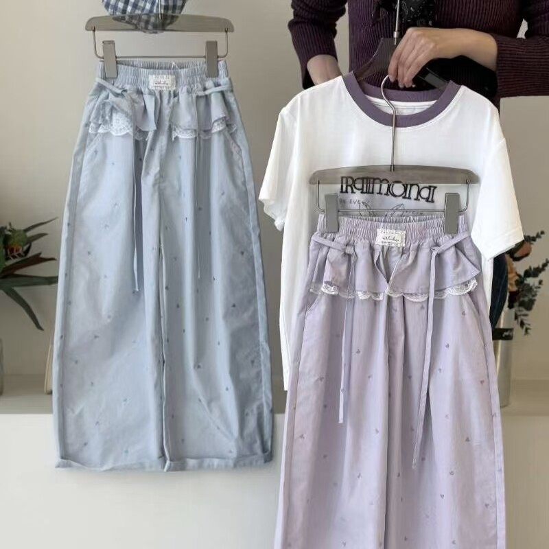 品牌女童工装裤2026春夏季新款女孩洋气花边直筒休闲裤子120-160