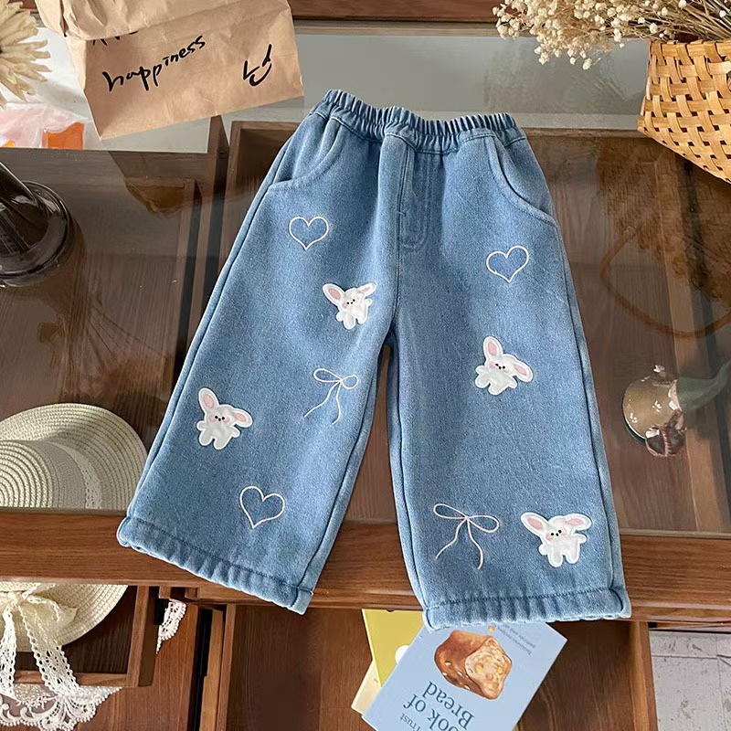 品牌女童加绒牛仔裤2025秋冬季新款女童洋气甜美加厚休闲裤80-130
