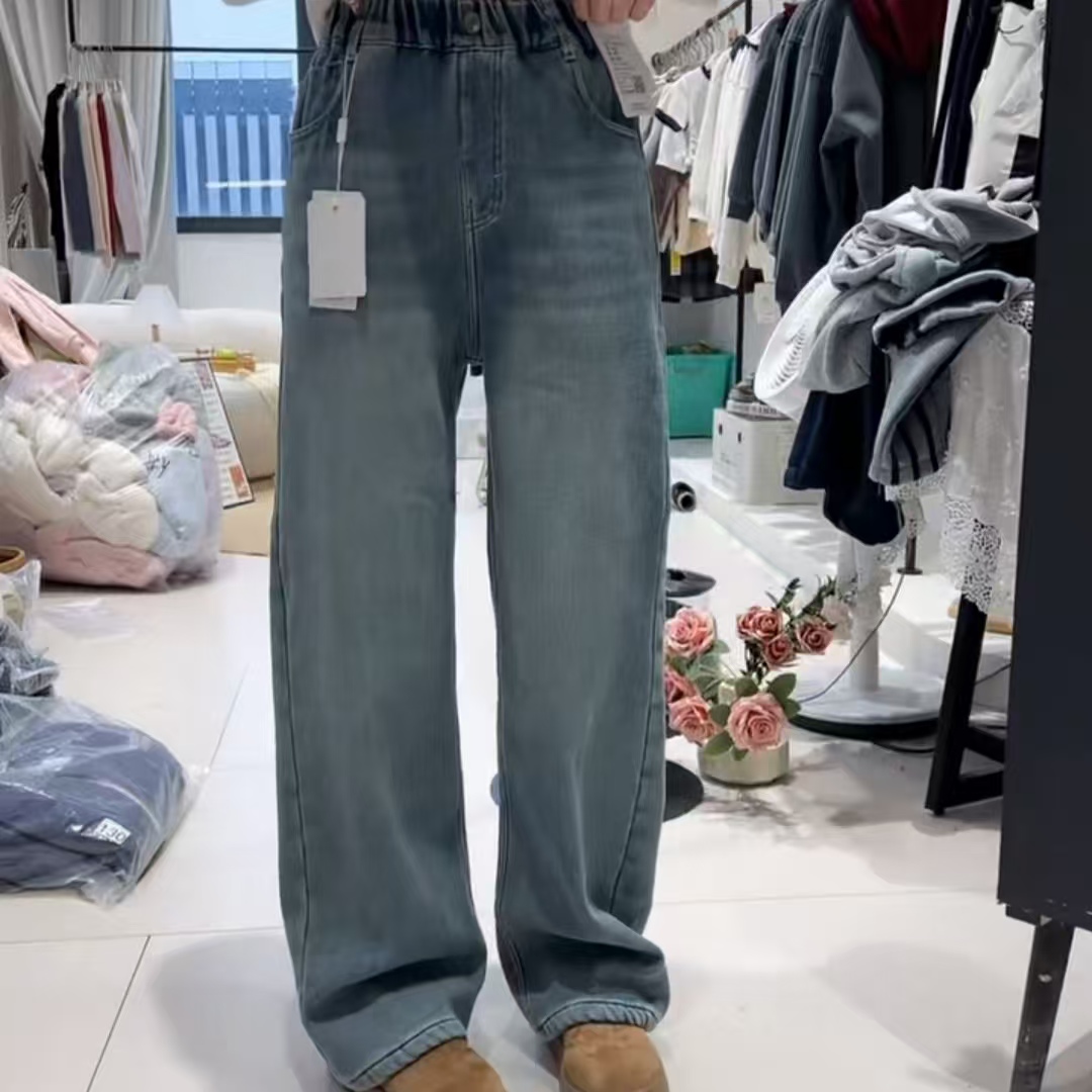 品牌女童加绒牛仔裤2025秋冬季新款女孩加厚直筒裤休闲裤120-180