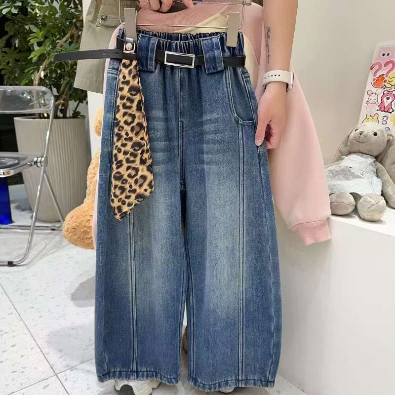 品牌女童加绒牛仔裤2025冬季新款女孩洋气百搭弯刀休闲裤120-160