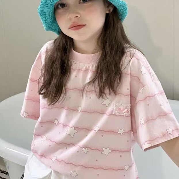 品牌女童短袖2026新款夏季女孩洋气半袖条纹圆领T恤上衣潮120-160