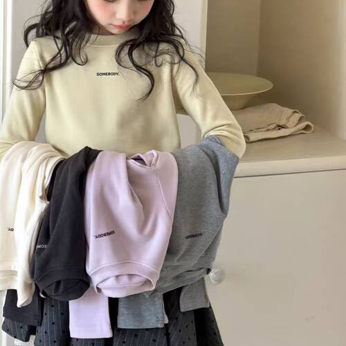 儿童打底衫2025秋冬新款女童半领弹力T恤女孩双面绒上衣120-170码