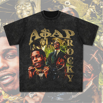 跨境嘻哈说唱A$AP Rocky印花短袖T恤vintage美式复古Rapper穿搭潮