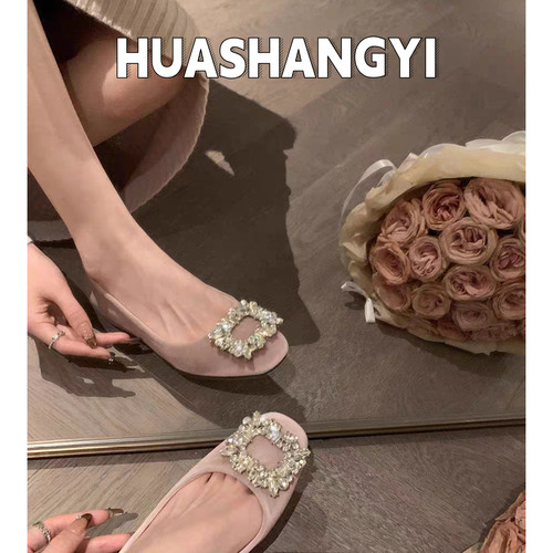 羊皮版～花尚伊HUASHANGYI丝绒水钻方扣浅口芭蕾鞋法式百搭单鞋女