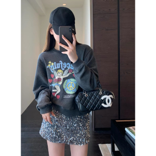 上衣女春夏新款 AMR 高品质毛圈棉印花套头卫衣短款 韩系减龄