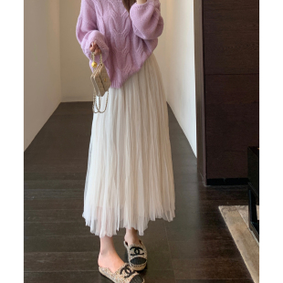 半身裙女春夏新款 AMR 飘逸网纱裙高腰显瘦中长款 少女感半裙