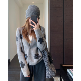 外套2025新款 AMR 重工提花灰色针织毛衣开衫 洋气又时髦 秋冬