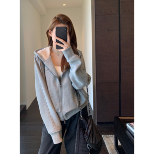 高品质蚕丝羊毛宽松加绒连帽卫衣女外套秋冬新款 慵懒风 AMR