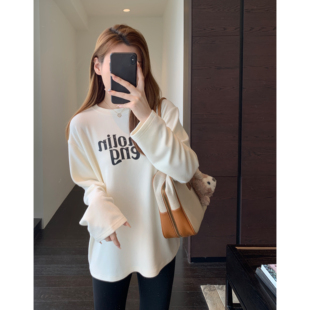 T恤秋冬新款 慵懒范 女长袖 宽松显瘦双面绒白色加绒打底衫 AMR