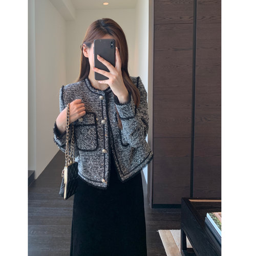 AMR UU◆轻奢质感 质感花纱灰亮片香风外套圆领上衣女2026秋冬新