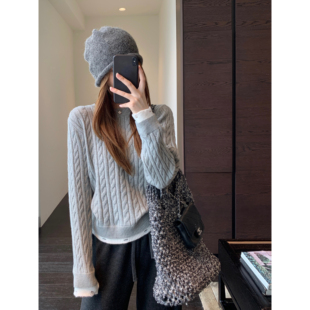 时髦拼接假两件绞花毛衣女针织衫 设计感小众 秋冬2025新 AMR