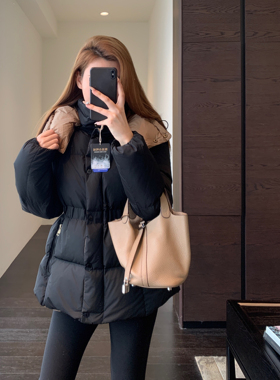 AMR UU◆柜上1W+保暖显瘦黑色短款连帽收腰羽绒服女厚外套秋冬新