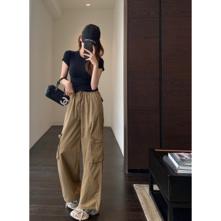 休闲 酷飒慵懒风宽松高腰工装 女款 子阔腿裤 美式 休闲裤 AMR 裤