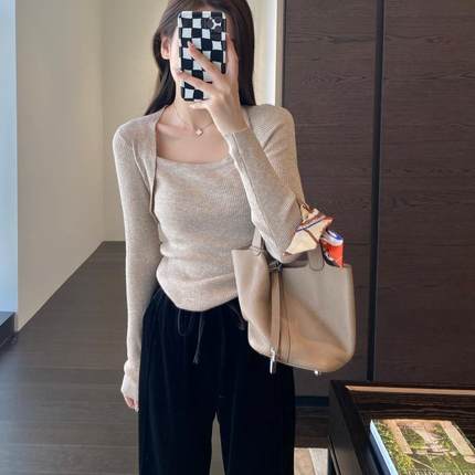AMR UU◆小众设计 坎肩式羊毛针织衫修身显瘦纯色打底衫女秋冬新