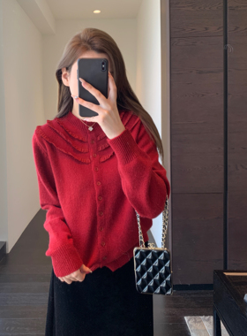 AMR UU◆秋冬氛围感 设计感蕾丝慵懒时髦针织开衫红色毛衣女新款