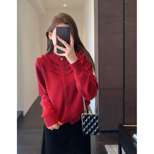 红色毛衣女新款 AMR 设计感蕾丝慵懒时髦针织开衫 秋冬氛围感