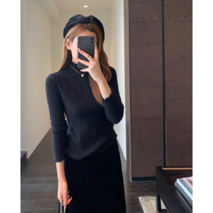 显瘦半高领打底衫 AMR 单穿内搭修身 时髦木耳领 女上衣秋冬新