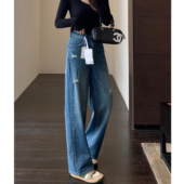 女春夏2026新款 时髦破洞 设计感高腰直筒阔腿牛仔裤 美式 AMR