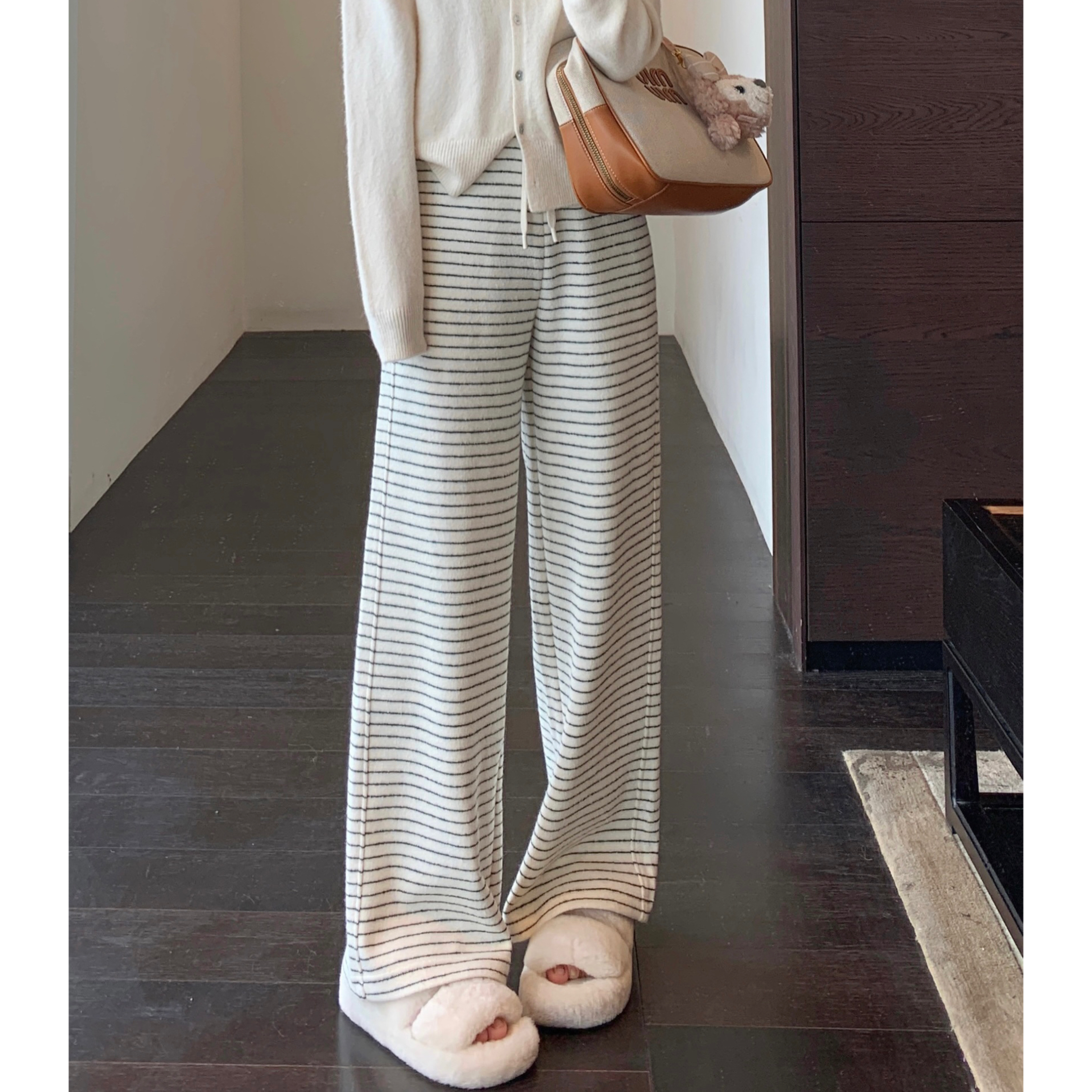 AMR UU◆慵懒风高腰宽松厚保暖条纹休闲直筒阔腿裤女2025秋冬新款