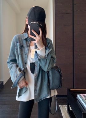 AMR UU◆叠穿时髦 高品质牛仔蓝色复古水洗牛仔衬衫外套女秋冬新