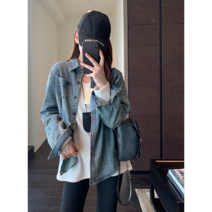 高品质牛仔蓝色复古水洗牛仔衬衫 叠穿时髦 外套女秋冬新 AMR