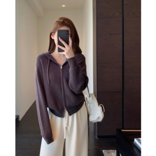 AMR UU◆时髦氛围感 华夫格连帽针织开衫毛衣女上衣2025新款秋冬