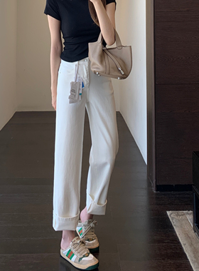AMR UU◆版型正 显腿长高腰显瘦小直筒窄版白色牛仔裤女春夏新款
