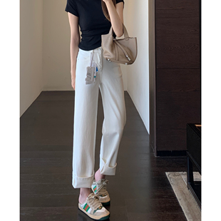 型正 版 显腿长高腰显瘦小直筒窄版 白色牛仔裤 AMR 女春夏新款