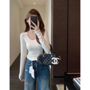 2026新款 百搭W～时髦大U领修身 T恤上衣女打底衫 显瘦长袖 AMR