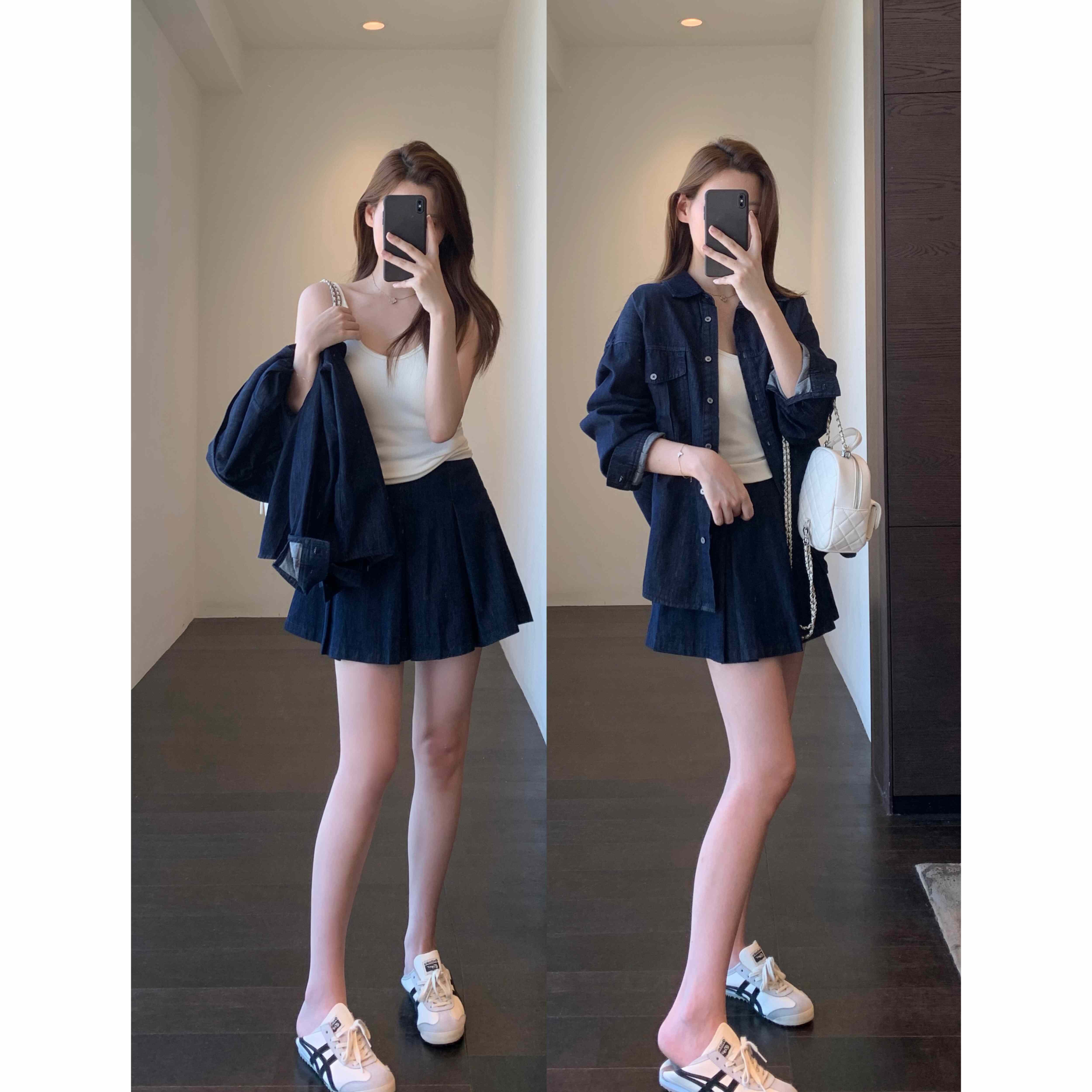 AMR UU◆港风复古时髦牛仔套装慵懒显瘦衬衫高腰半身裙女早秋新款