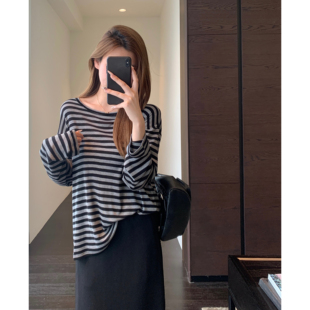 T恤女防晒衣2026新款 AMR 凉感舒适宽松显瘦条纹长袖 慵懒范